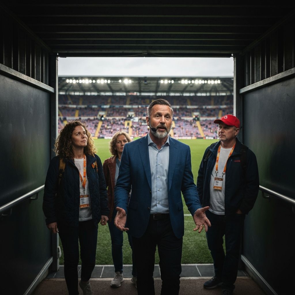 Tapasztalt idegenvezető vezeti a csoportot egy stadionban